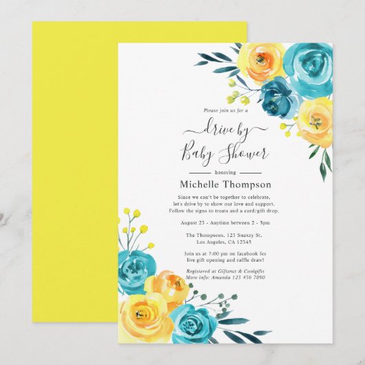 Invitation Douche de passage florale turquoise et jaune (Devant / Derrière)