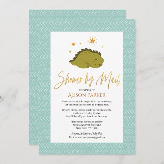 Invitation Douche De Script En Or Dinosaure Vert Cute Par Cou (Devant / Derrière)