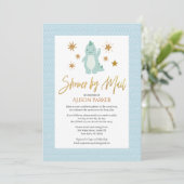 Invitation Douche De Script Or Dinosaure Bleu Cute Par Courri (Debout devant)
