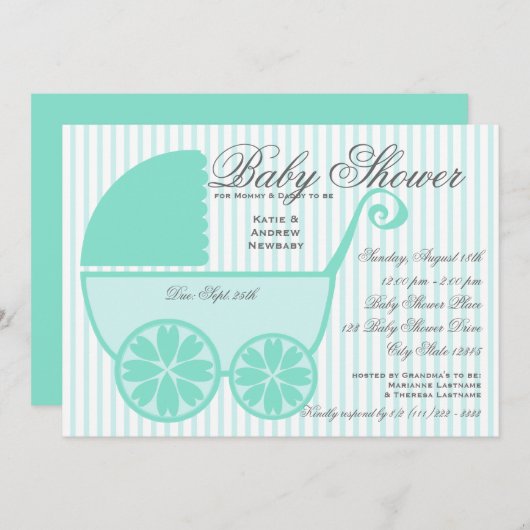 Invitation Douche de transport bébé Turquoise et gris (Devant / Derrière)