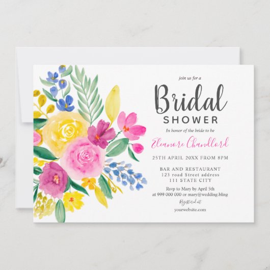 Invitation Douche d'été rose rose d'aquarelle (Devant)