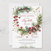 Invitation Douche d'hiver aquarelle couronne baies rouges (Devant)