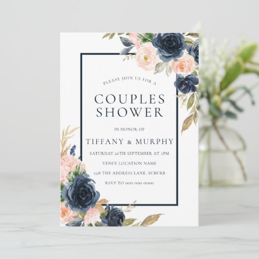Invitation Douche élégante pour couples avec fleurs Navy & Bl (Debout devant)