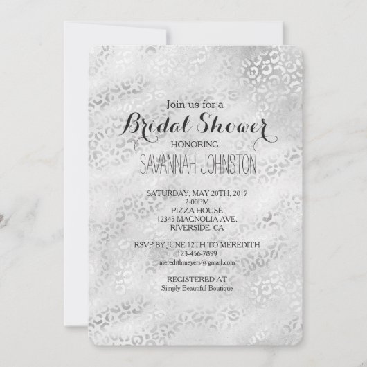 Invitation Douche Empreinte de léopard argentée (Devant)