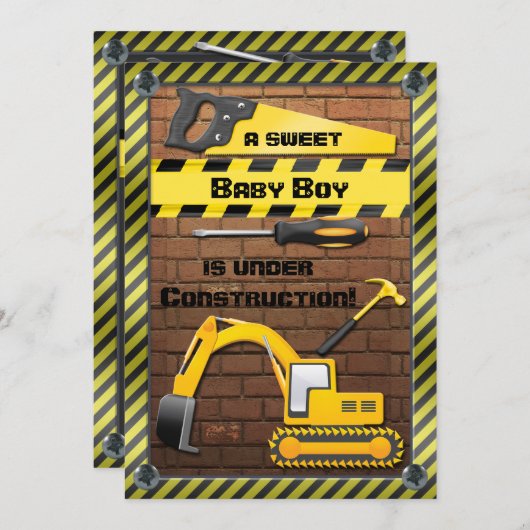 Invitation Douche en construction de bébé (Devant / Derrière)