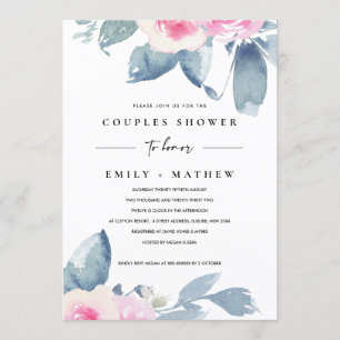 INVITATION DOUCHE EN COULEUR D'EAU FLORALE BLEU DOUX
