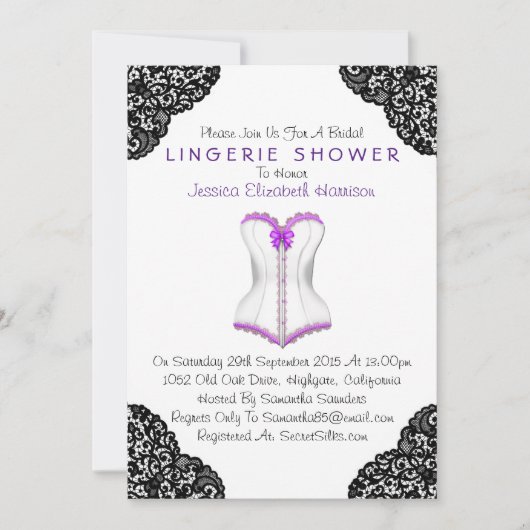 Invitation Douche en dentelle violette et en corse noire (Devant)