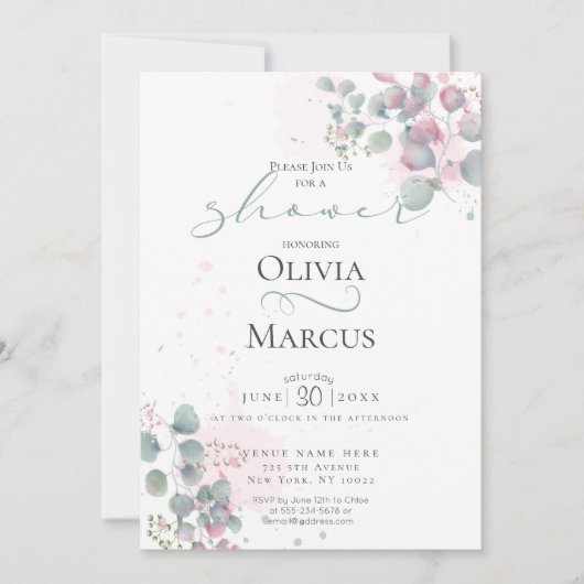 Invitation DOUCHE | Éucalyptus d'aquarelle moderne (Devant)