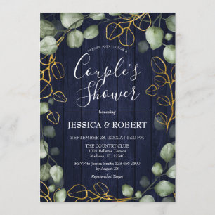 Invitation Douche Eucalyptus Wreath Navy Couples en bois