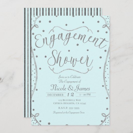 Invitation Douche Fiançailles bleu clair et argent (Devant / Derrière)