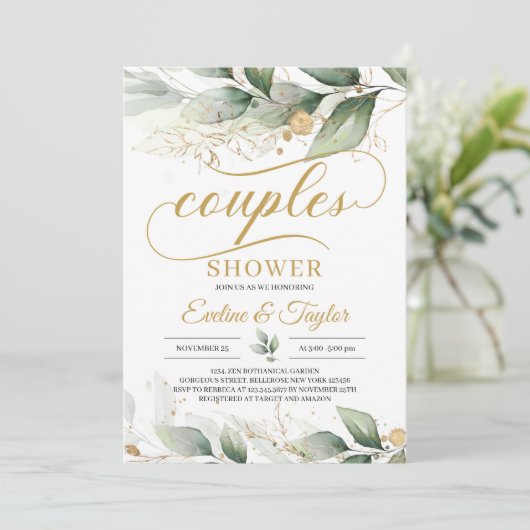 Invitation Douche fleurie à l'eucalyptus doré vert (Debout devant)