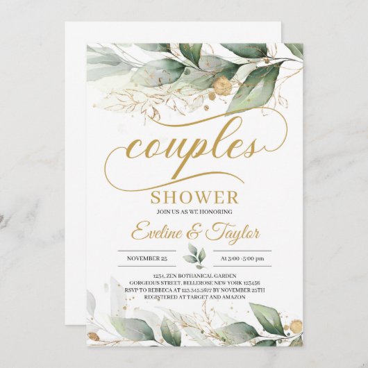 Invitation Douche fleurie à l'eucalyptus doré vert (Devant / Derrière)