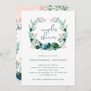 Invitation Douche florale bleue et verte de couples de