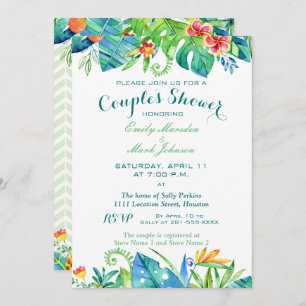 Invitation Douche florale de couples d'aquarelle tropicale