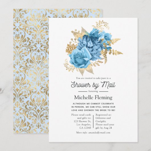 Invitation Douche florale Pastel Blue et Gold par la poste (Devant / Derrière)