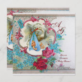 INVITATION DOUCHE GARÇON STORK BÉBÉ AVEC ROSES ET FLEURS BLEU (Devant / Derrière)