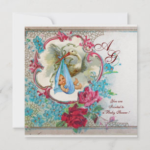 INVITATION DOUCHE GARÇON STORK BÉBÉ AVEC ROSES ET FLEURS BLEU