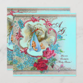 INVITATION DOUCHE GARÇON STORK BÉBÉ AVEC ROSES ET FLEURS BLEU (Devant / Derrière)