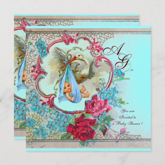 INVITATION DOUCHE GARÇON STORK BÉBÉ AVEC ROSES ET FLEURS BLEU (Devant / Derrière)