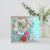 INVITATION DOUCHE GARÇON STORK BÉBÉ AVEC ROSES ET FLEURS BLEU (Debout devant)