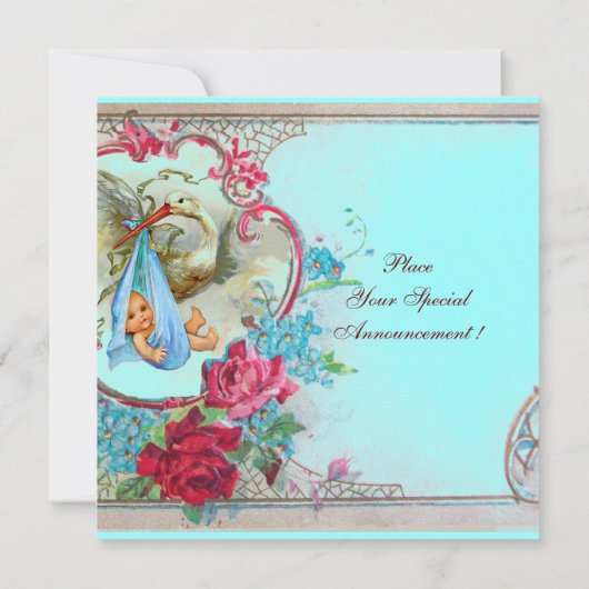 INVITATION DOUCHE GARÇON STORK BÉBÉ AVEC ROSES ET FLEURS BLEU (Dos)