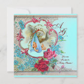INVITATION DOUCHE GARÇON STORK BÉBÉ AVEC ROSES ET FLEURS BLEU (Devant)