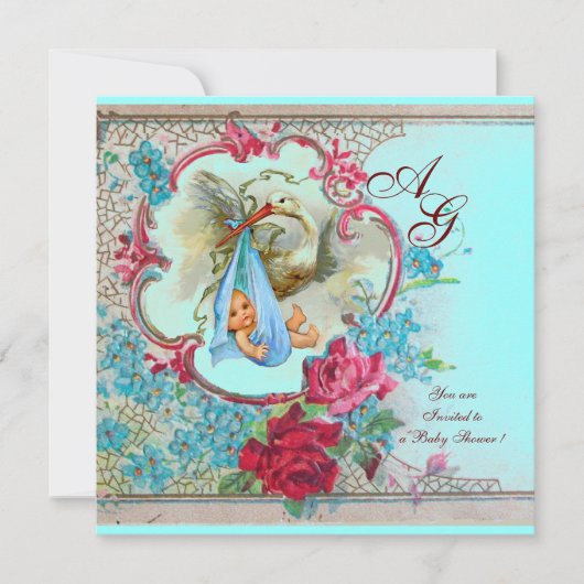 INVITATION DOUCHE GARÇON STORK BÉBÉ AVEC ROSES ET FLEURS BLEU (Devant)