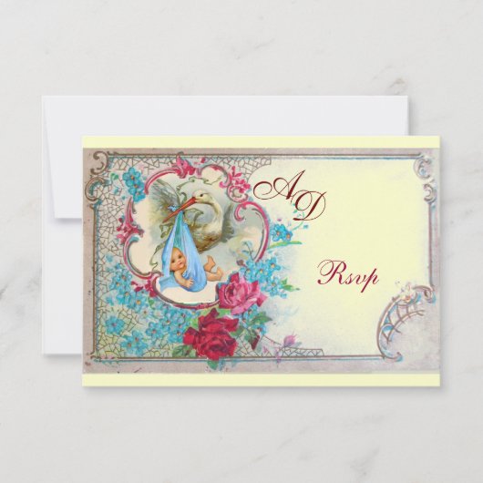 INVITATION DOUCHE GARÇON STORK BÉBÉ AVEC ROSES ET FLEURS BLEU (Devant)