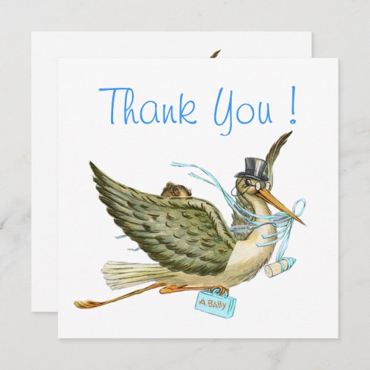 Invitation DOUCHE GARÇON STORK BÉBÉ, Merci Bleu Blanc (Devant / Derrière)