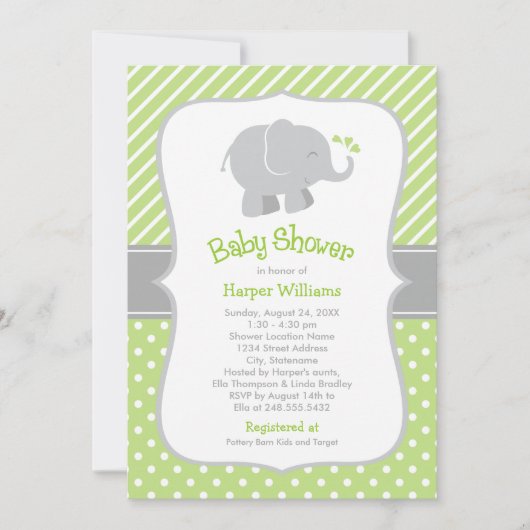Invitation Douche Genre Neutre Éléphant Vert Moderne (Devant)