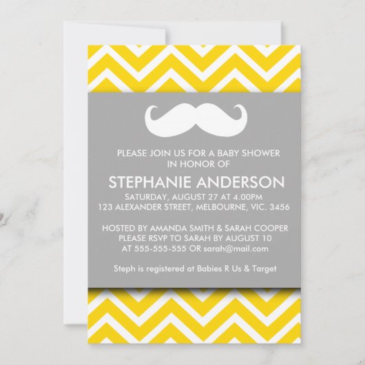 Invitation Douche grise de bébé de moustache de chevron d'or (Devant)