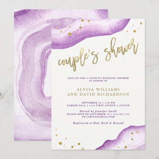Invitation Douche Lavande d'aquarelle et couple d'oeode d'or (Devant / Derrière)