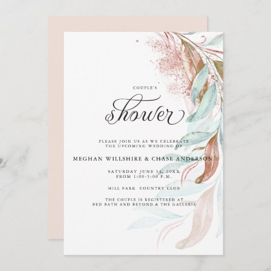 Invitation DOUCHE | Liage en cascade Turquoise Aqua Cuivre (Devant / Derrière)