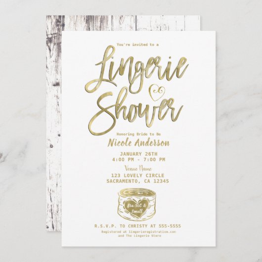 Invitation Douche lingerie en bois blanc rustique glamour or (Devant / Derrière)