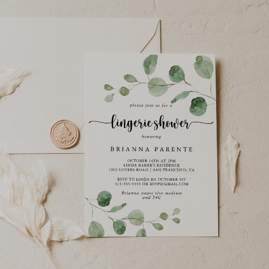 Invitation Douche Lingerie Eucalyptus Bridal Delight Green De