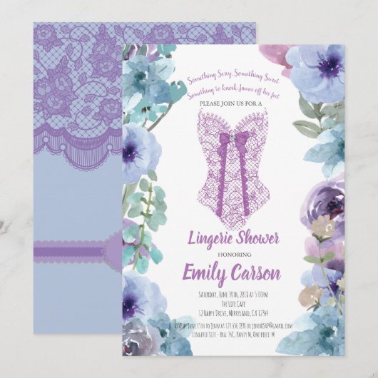 Invitation Douche lingerie violette. Élégante fête de mariée (Devant / Derrière)