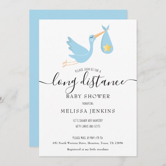 Invitation Douche Longue Distance Par Mail Blue Stork Star (Devant / Derrière)