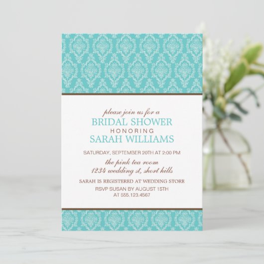 Invitation Douche Mariage damassé Bleu Delicate (Debout devant)
