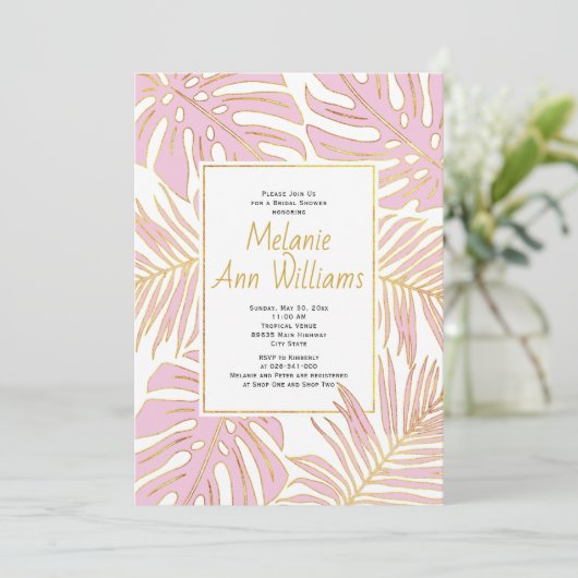 Invitation Douche mariage feuille tropicale rose (Debout devant)