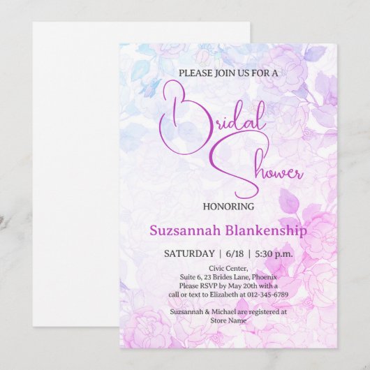 Invitation Douche Mariage Fleurie Pastel Subtile (Devant / Derrière)