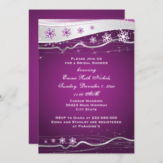 Invitation Douche mariage violette, grise à flocons de neige (Devant / Derrière)