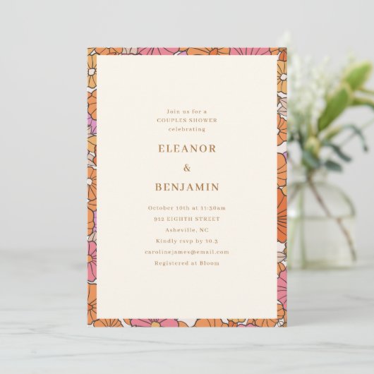 Invitation Douche Mixte Retro Terracotta Jaune Automne Couple (Debout devant)