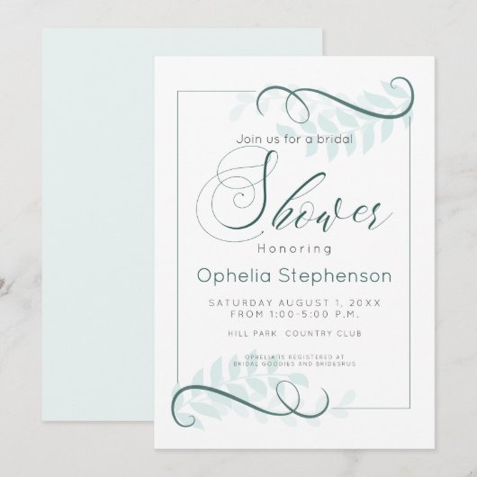 Invitation Douche moderne Mint Feuilles Accents Jade (Devant / Derrière)