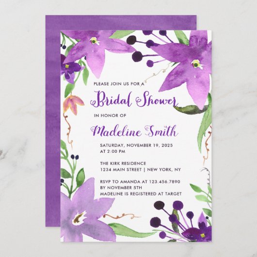 Invitation Douche nuptiale à cadre fleuri pourpre (Devant / Derrière)