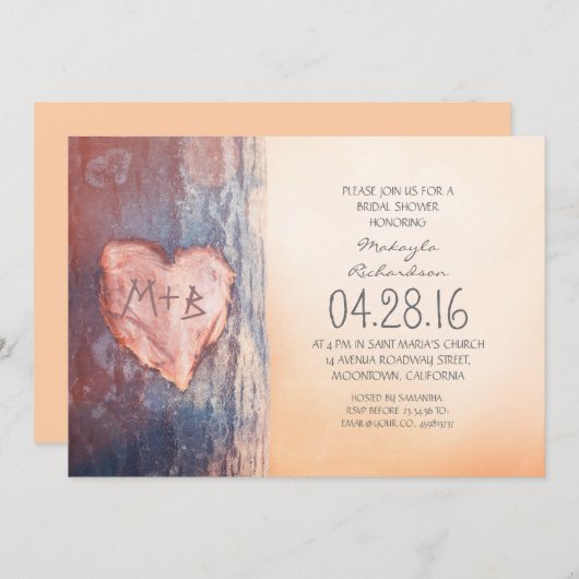 Invitation Douche nuptiale à coeur sculpté rustique (Devant / Derrière)