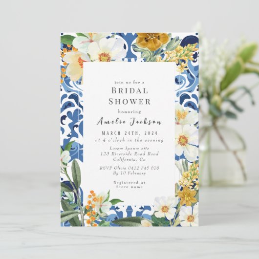 Invitation Douche nuptiale à fleurs bleues (Debout devant)