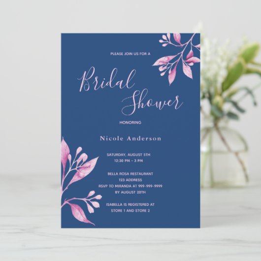 Invitation Douche nuptiale à fleurs couleur bleu rose (Debout devant)