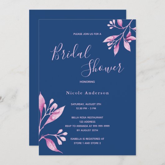 Invitation Douche nuptiale à fleurs couleur bleu rose (Devant / Derrière)