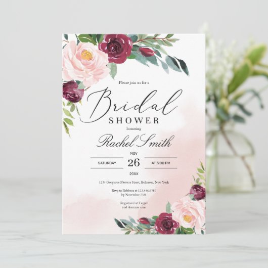 Invitation Douche-nuptiale à fleurs roses rousses (Debout devant)