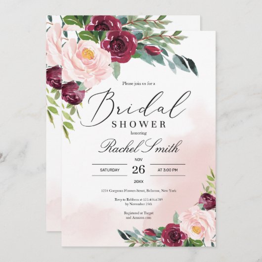 Invitation Douche-nuptiale à fleurs roses rousses (Devant / Derrière)